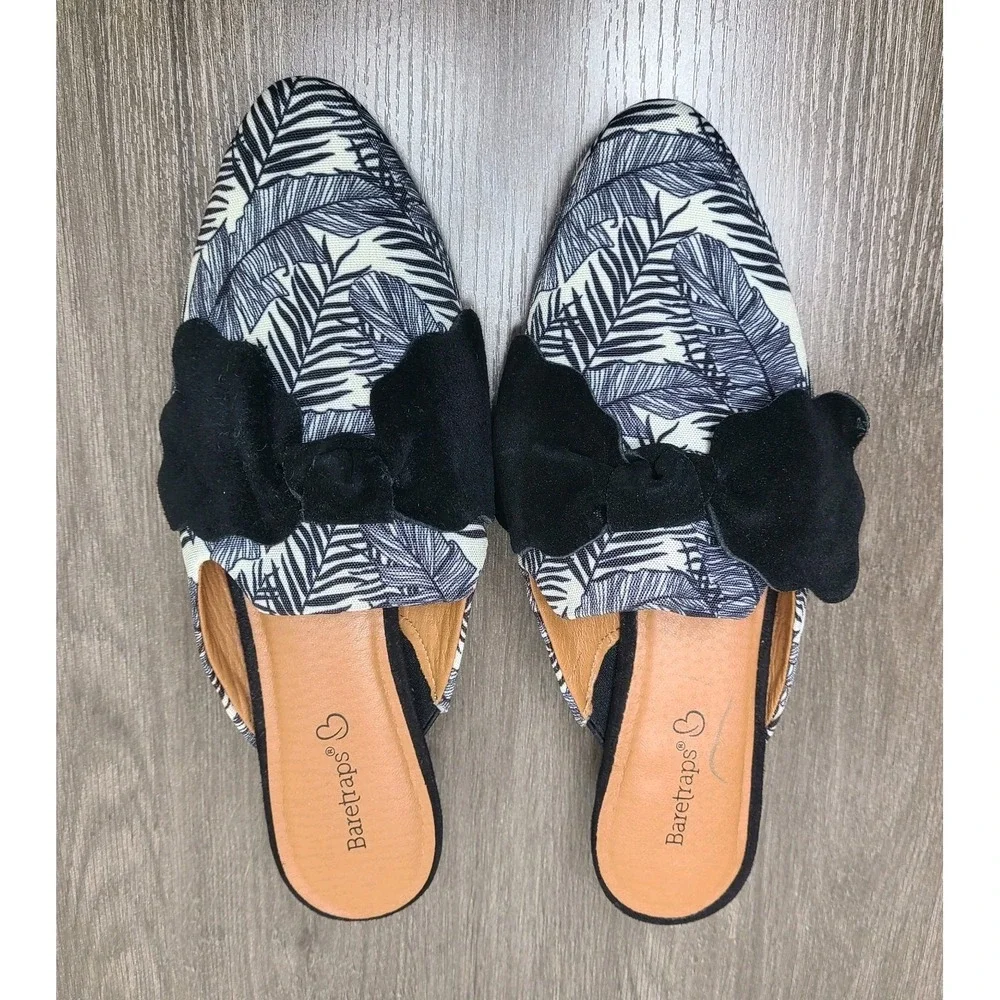 Baretraps Womens Lakelin Mules Leather Loafers 8M Blue White Floral Bow Pointed